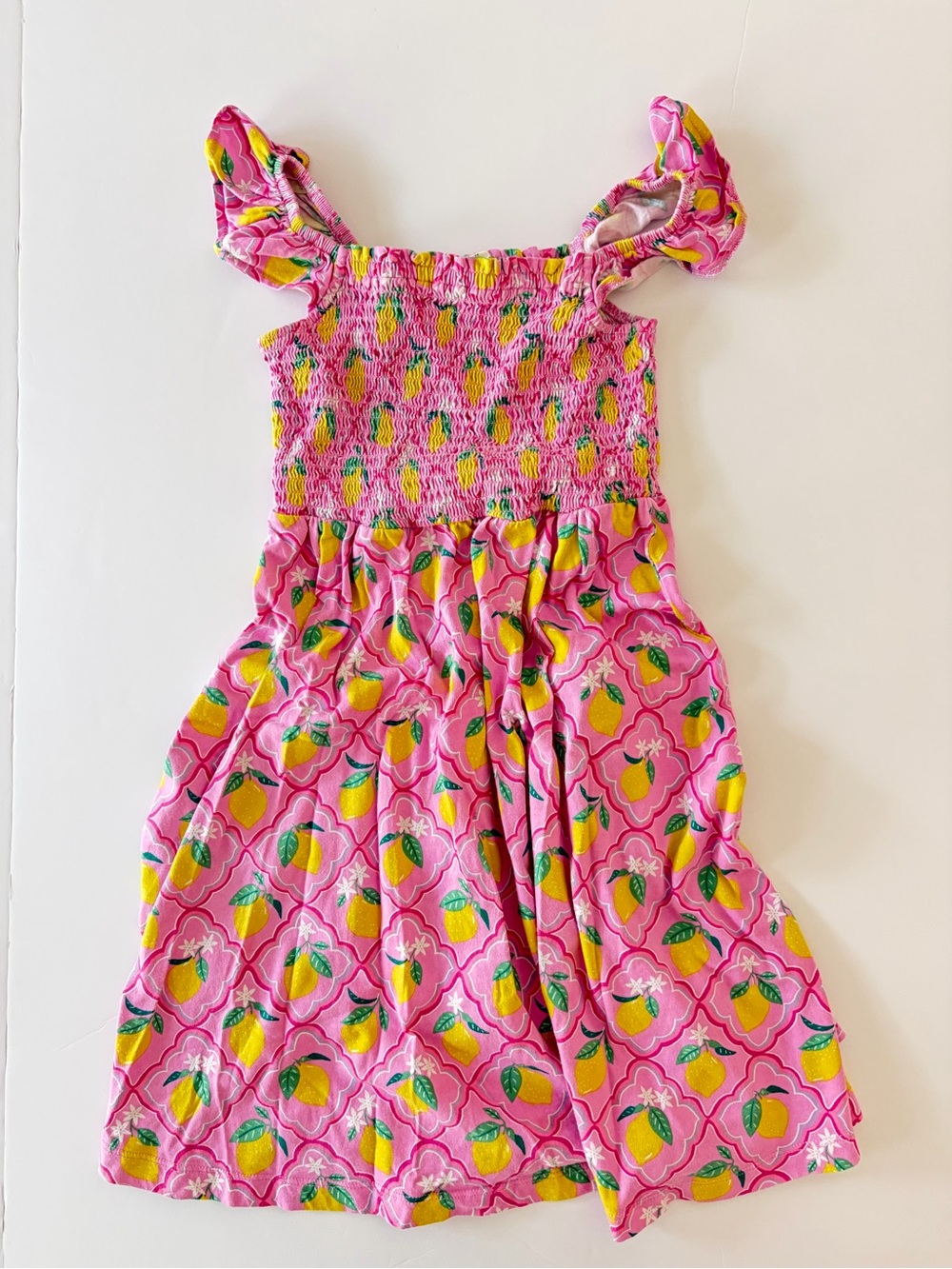 Mini Boden Pink Smocked Lemon Sun Dress Size 6-7Y Girls Ruffle Sleeves Cotton